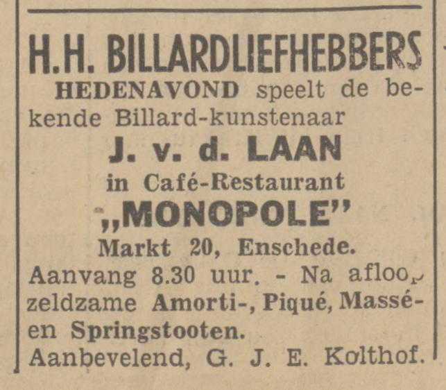 Markt 20 cafe restaurant Monopole G.J.E. Kolthof advertentie Tubantia 1-7-1937.jpg