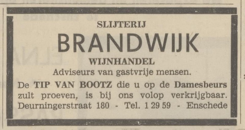 Deurningerstraat 180 Slijterij Brandwijk advertentie Tubantia 12-3-1966.jpg