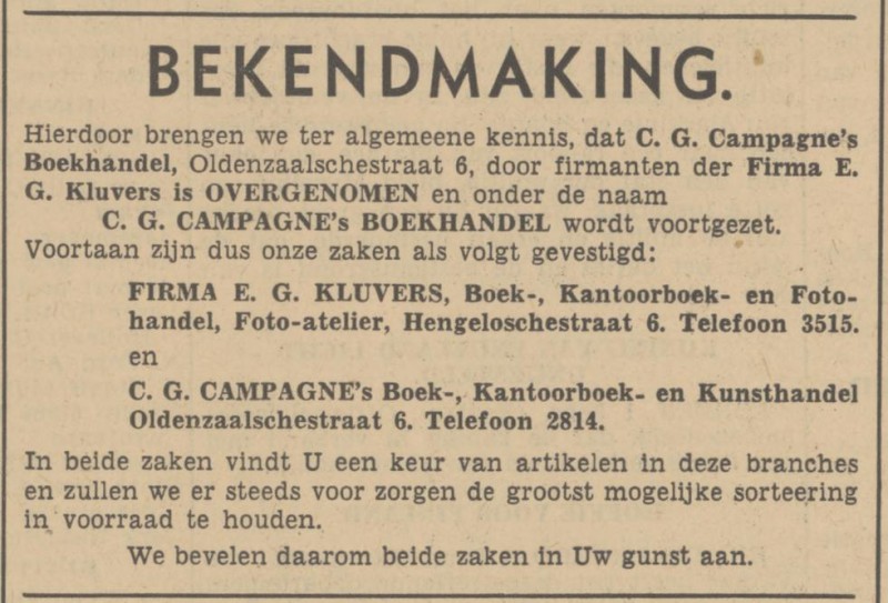 Oldenzaalsestraat 6 C.G. Campagne's Boekhandel advertentie Tubantia 1-12-1940.jpg
