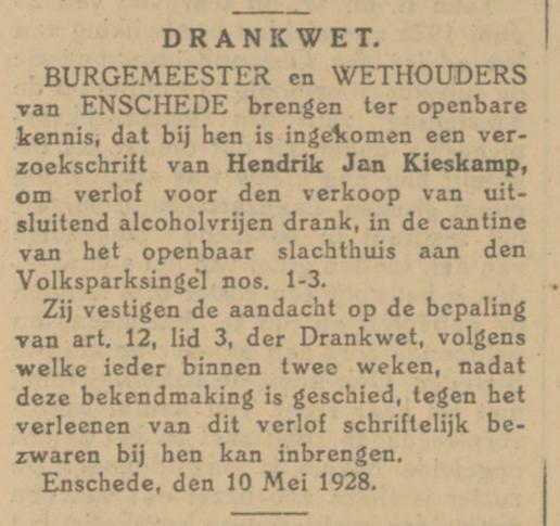 Volksparksingel 1-3 H.J. Kieskamp cantine openbaar slachthuis krantenbericht Tubantia 10-5-1928.jpg