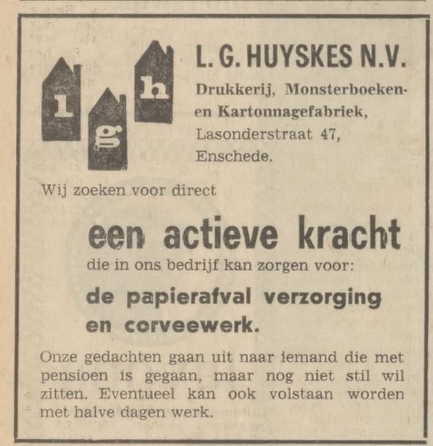 Lasonderstraat 47 L.G. Huyskes N.V. Drukkerij en Kartonnagefabriek advertentie Tubantia 7-4-1970.jpg
