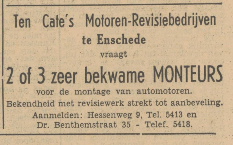 Dr. Benthemstraat 35 Ten Cate's Motoren- Revisiebedrijven advertentie Tubantia 28-5-1951.jpg