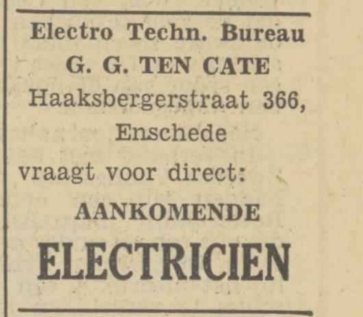 Haaksbergerstraat 366 G.G. ten Cate Electro Techn. Bureau advertentie Tubantia 27-6-1950.jpg