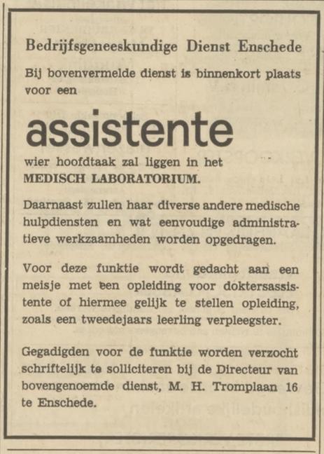 M.H. Tromplaan 16 Bedrijfsgeneeskundige Dienst advertentie Tubantia 1-3-1969.jpg