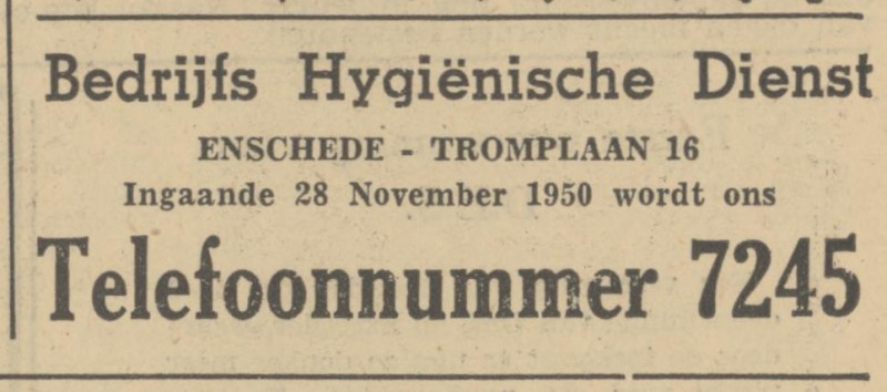 M.H. Tromplaan 16 Bedrijfs Hygiënische Dienst advertentie Tubantia 27-11-1950.jpg