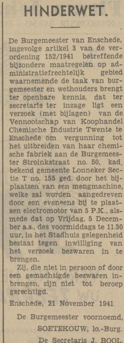 Burgemeester Stroinkstraat 50 Chemische Industrie Twente krantenbericht Tubantia 21-11-1941.jpg