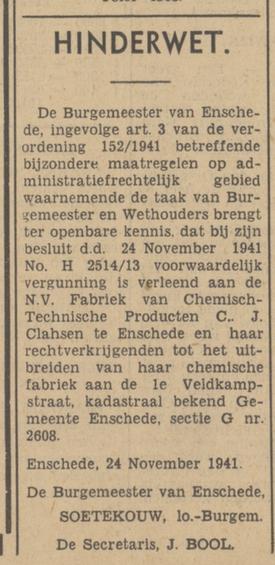 1e Veldkampstraat 24 C.J. Clahsen N.V. Fabriek van Chemische Technische Producten advertentie Tubantia 24-11-1941.jpg