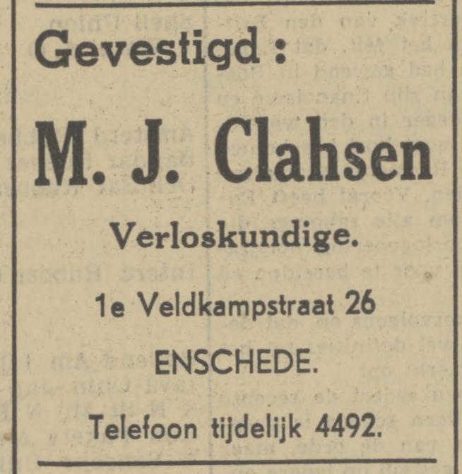1e Veldkampstraat 26 M.J. Clahsen verloskundige advertentie Tubantia 12-2-1941.jpg