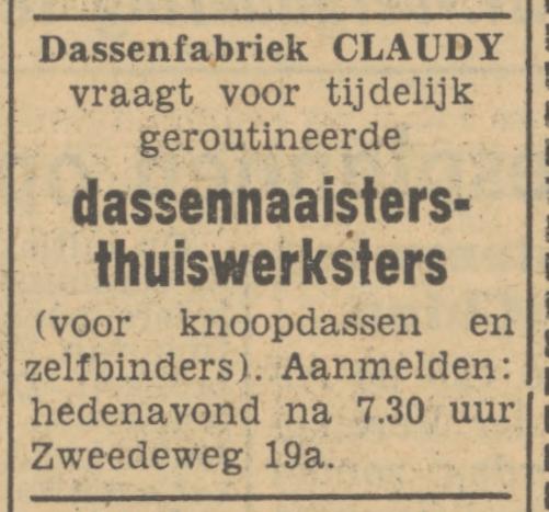 Zwedeweg 19a Dassenfabriek Claudy advertentie Tubantia 12-11-1951.jpg