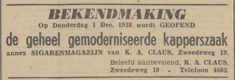 Zwedeweg 19 K.A. Claus kapperszaak annex sigarenmagazijn advertentie Tubantia 30-11-1938.jpg