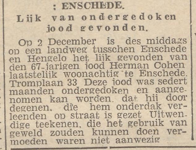 M.H. Tromplaan 33 Herman Cohen krantenbericht Prov. Overijsselsche en Zwolsche Courant  4-12-1943.jpg