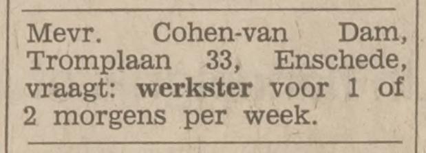 M.H. Tromplaan 33 Mevr. Cohen-van Dam advertentie Tubantia 14-10-1966.jpg