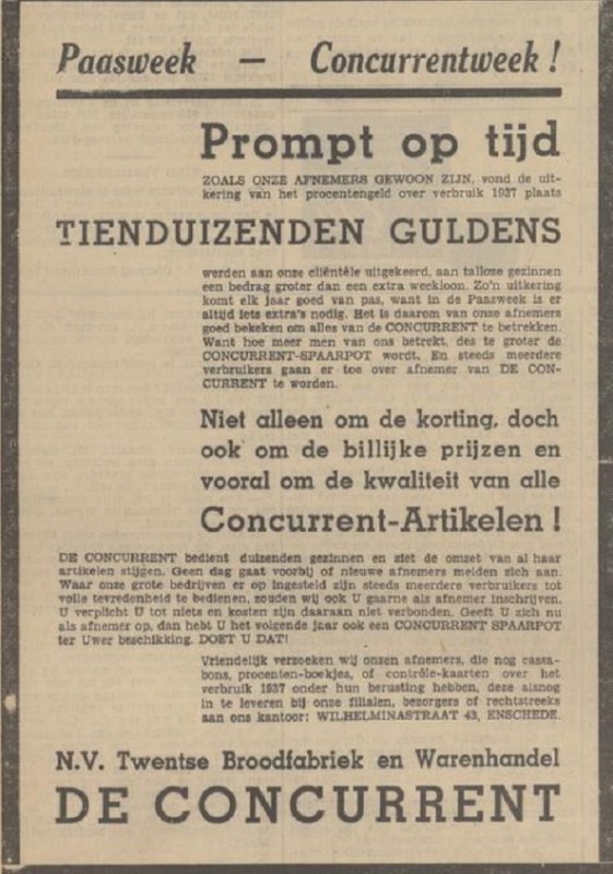 Wilhelminastraat 43 N.V. Twentsche Broodfabriek en Warenhandel De Coincurrent advertentie Tubantia 14-4-1938.jpg