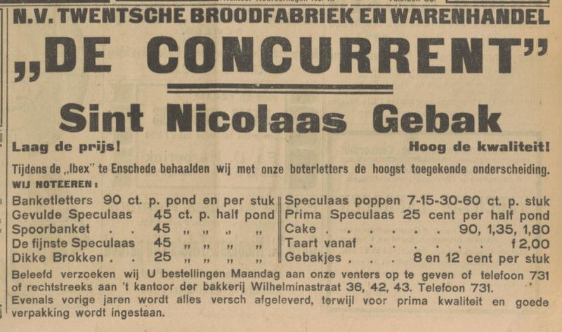 Wilhelminastraat 36, 42, 43 N.V. Twentsche Broodfabriek en Warenhandel De Coincurrent advertentie Tubantia 30-11-1928.jpg