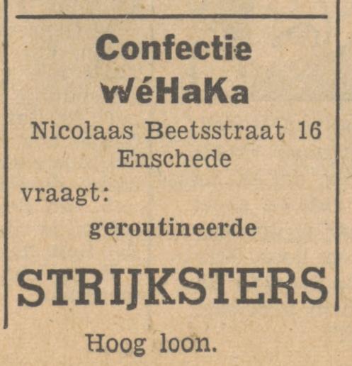 Nicolaas Beetsstraat 16 Confectie Wehaka advertentie Tubantia 21-2-1949.jpg