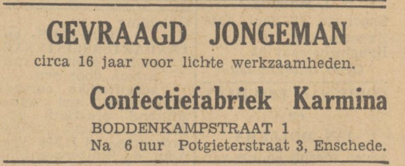 Boddenkampstraat 1 confectiefabriek Karmina advertentie Tubantia 18-9-1948.jpg