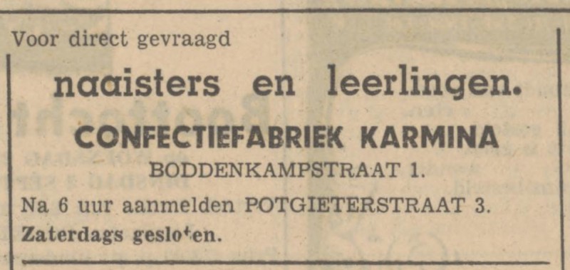 Boddenkampstraat 1 confectiefabriek Karmina advertentie Tubantia 23-8-1947.jpg