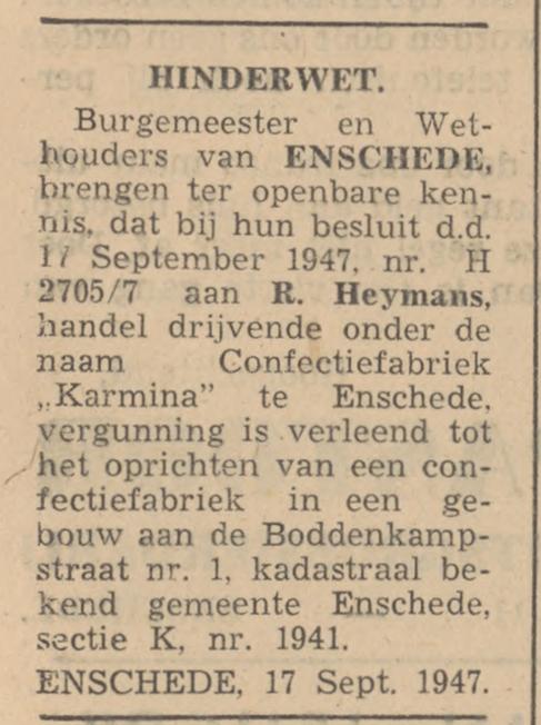 Boddenkampstraat 1 confectiefabriek Karmina advertentie Hinderwet Tubantia 19-9-1947.jpg