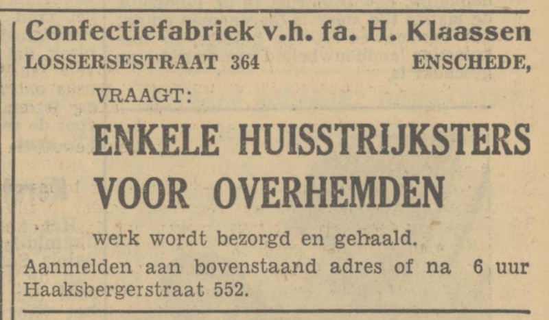 Lossersestraat 364 Confectiefabriek v.h. Fa. H. Klaassen advertentie Tubantia 27-12-1950.jpg