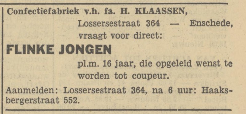 Lossersestraat 364 Confectiefabriek v.h. Fa. H. Klaassen advertentie Tubantia 2-7-1949.jpg
