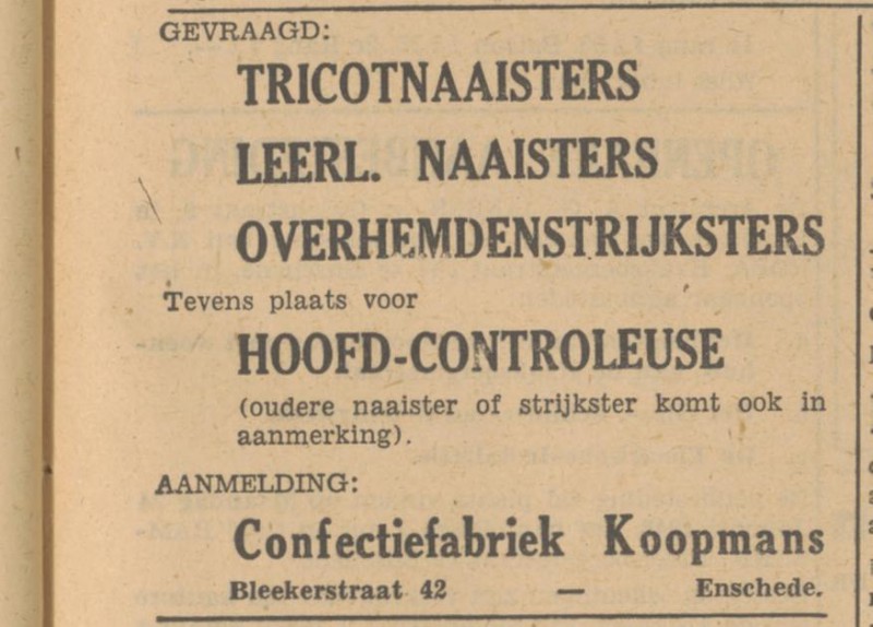Blekerstraat 42 Confectiefabriek Koopmans advertentie Tubantia 8-1-1949.jpg
