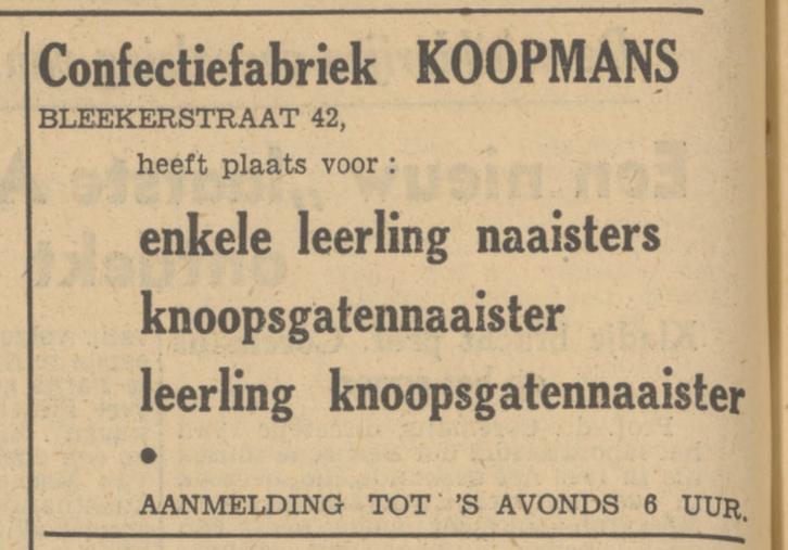 Blekerstraat 42 Confectiefabriek Koopmans advertentie Tubantia 6-12-1949.jpg