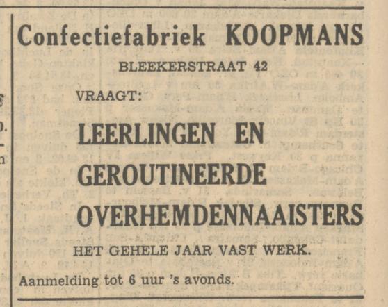 Blekerstraat 42 Confectiefabriek Koopmans advertentie Tubantia 31-5-1951.jpg