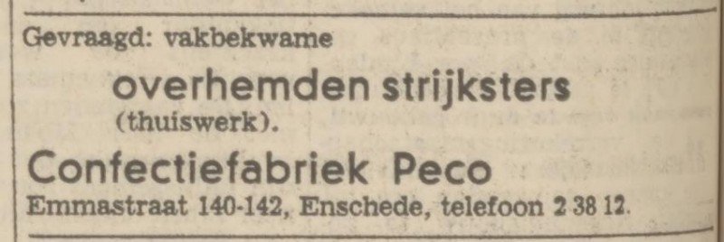 Emmastraat 140-142 confectiebedrijf Peco advertentie Tubantia 19-4-1971.jpg