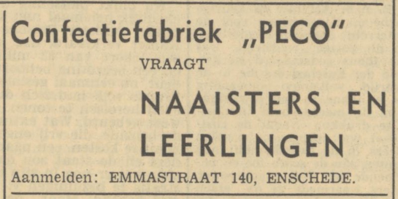 Emmastraat 140 confectiebedrijf Peco advertentie Tubantia 8-6-1949.jpg