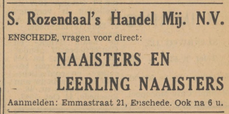 Emmastraat 21 S. Rozendaal's Handel Mij. N.V. advertentie Tubantia 16-10-1947.jpg