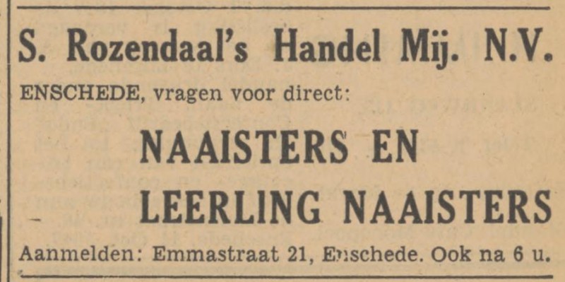 Emmastraat 21 S. Rozendaal's Handel Mij. N.V. advertentie Tubantia 16-10-1947.jpg