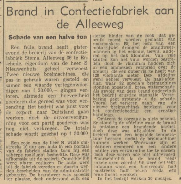 Alleeweg 36 brand Confectiefabriek Stema S. Nieuwenhuis krantenbericht Tubantia 11-11-1950.jpg