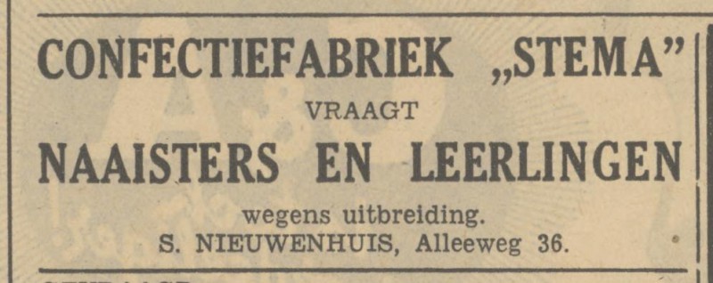 Alleeweg 36 Confectiefabriek Stema S. Nieuwenhuis advertentie Tubantia 8-4-1949.jpg
