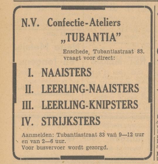 Tubantiastraat 83 N.V. Confectie Ateliers Tubantia advertentie Tubantia 24-6-1948.jpg