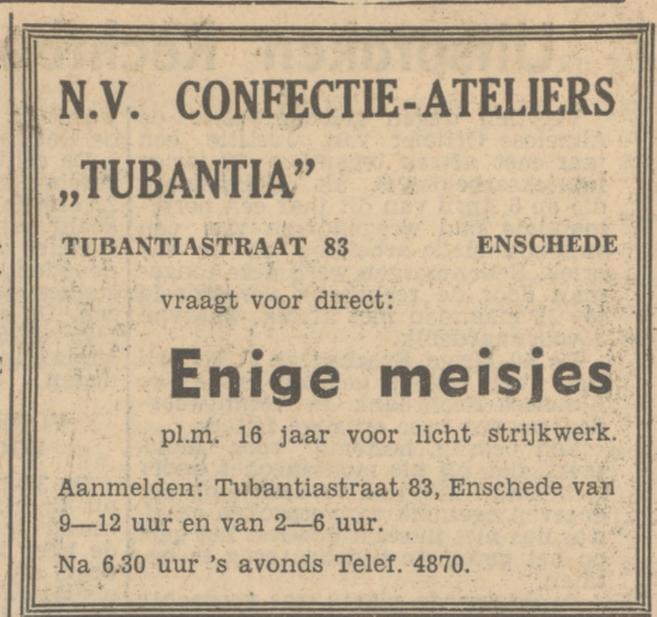 Tubantiastraat 83 N.V. Confectie Ateliers Tubantia advertentie Tubantia 29-5-1951.jpg