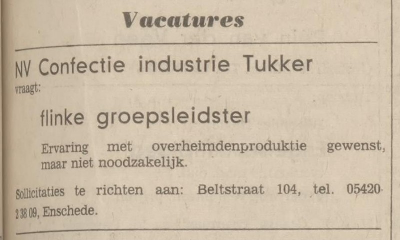 Beltstraat 104 N.V. Confectie Industrie Tukker advertentie Tubantia 9-10-1970.jpg
