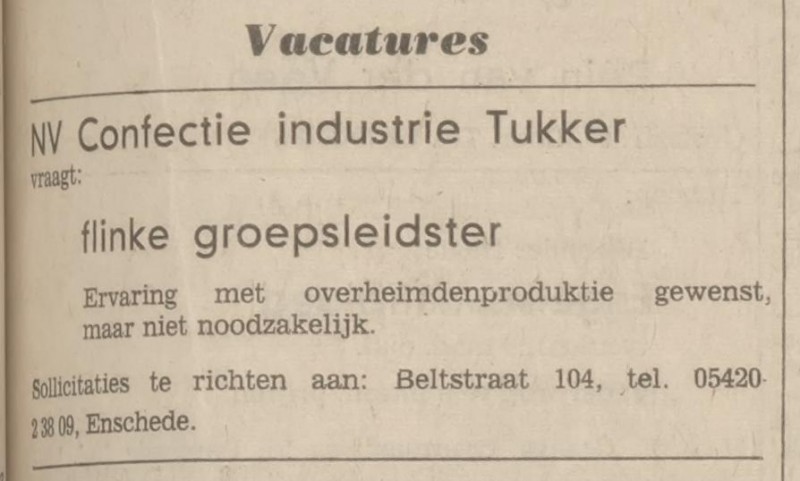 Beltstraat 104 N.V. Confectie Industrie Tukker advertentie Tubantia 9-10-1970.jpg
