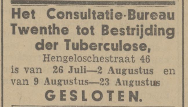 Hengelosestraat 46 Consultatiebureau Twenthe tot Bestrijding der Tuberculose advertentie Tubantia 24-7-1942.jpg