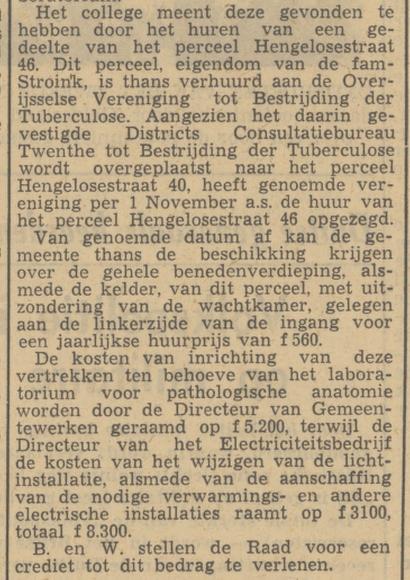 Hengelosestraat 40 en 46 Consultatiebureau Twenthe tot Bestrijding der Tuberculose krantenbericht Tubantia 1-9-1949.jpg