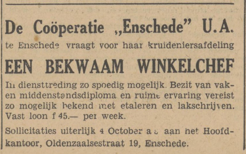 Oldenzaalsestraat 19 Coöperatie Enschede U.A. advertentie Tubantia 28-9-1947.jpg