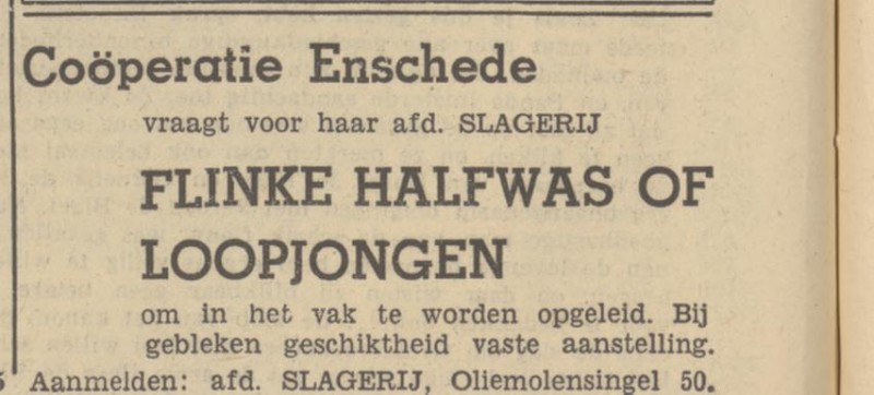 Oliemolensingel 50 Cooperatie Enschede afd. Slagerij advertentie Tubantia 15-7-1949.jpg