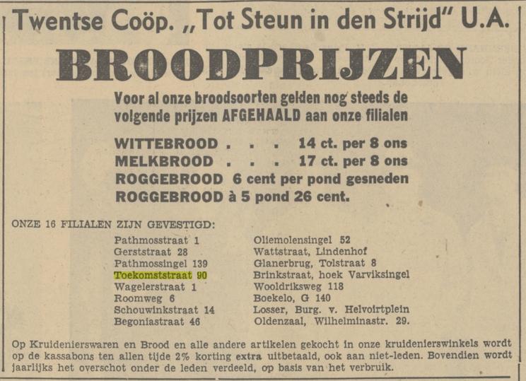 Toekomststraat 90 filiaal Twentse Coöperatie tot Steun in den Strijd advertentie Tubantia 7-11-1936.jpg