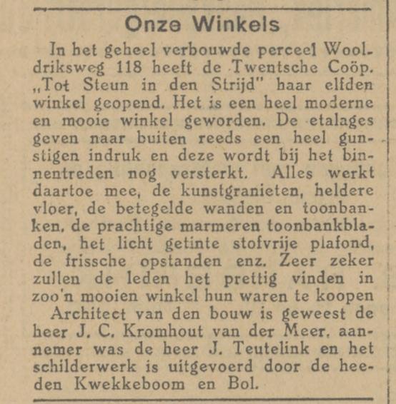 Wooldriksweg 118 Twentsche Coöperatie Tot Steun in den Strijd krantenbericht Tubantia 25-1-1927.jpg
