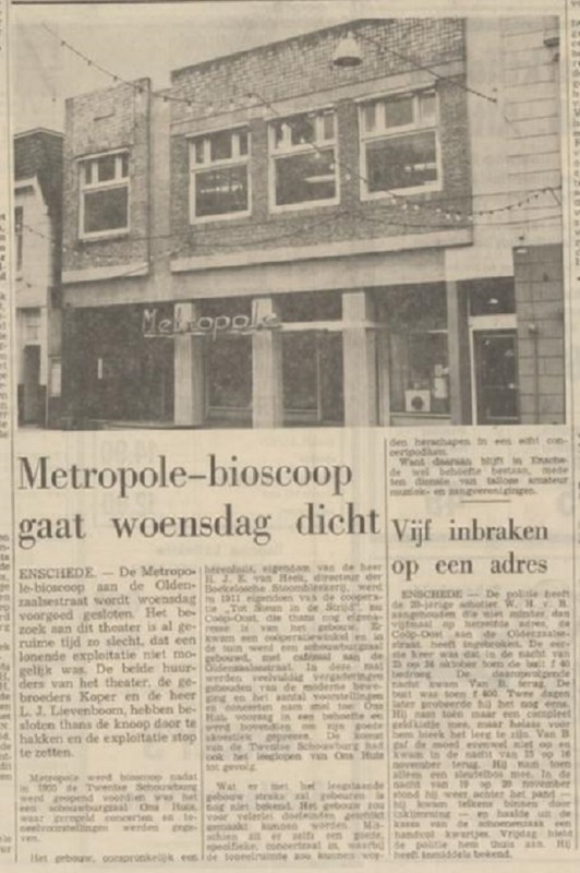 Oldenzaalsestraat 19 Metropole bioscoop vroeger coöperatiewinkel en schouwburgzaal Ons Huis van Coöperatie Tot Steun in de Strijd krantenbericht Tubantia 24-11-1969..jpg
