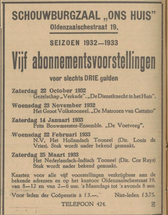 Oldenzaalsestraat 19 Schouwburgzaal Ons Huis Coöperatie advertentie Tubantia 17-10-1932.jpg