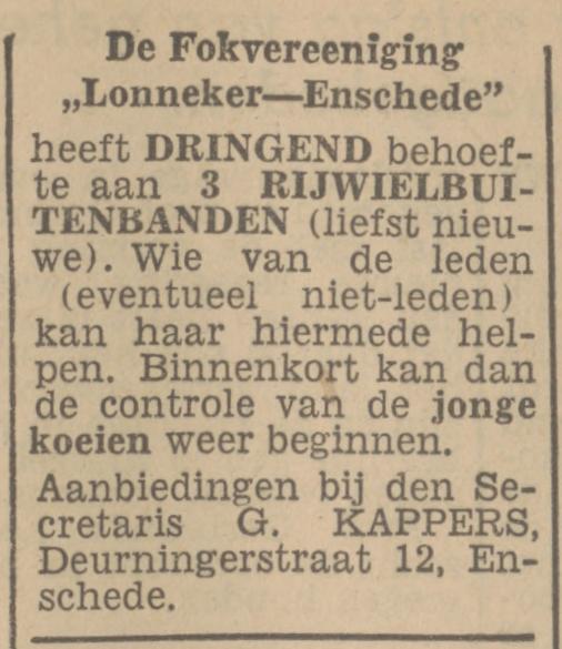 Deurningerstraat 12 Fokvereniging Lonneker-Enschede Secr. G. Kappers advertentie Twentsch nieuwsblad 9-2-1945.jpg