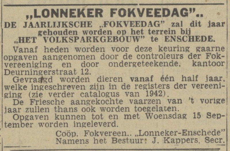 Deurningerstraat 12 Coöp.  Fokvereniging Lonneker-Enschede Secr. J. Kappers advertentie Twentsch nieuwsblad 30-8-1943.jpg