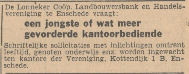 Kottendijk 1 Lonneker Coöp. Landbouwersbank en Handelsvereniging advertentie Tubantia 8-5-1947.jpg