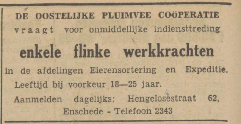 Hengelosestraat 62  Oostelijke Pluimvee Coöperatie advertentie Tubantia 16-4-1951.jpg