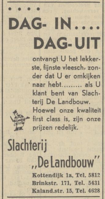 Brinkstraat 171 slachterij De Landbouw Tel. 5431 advertentie Tubantia 27-10-1937.jpg